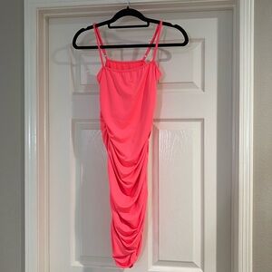 neon pink spaghetti strap mini dress